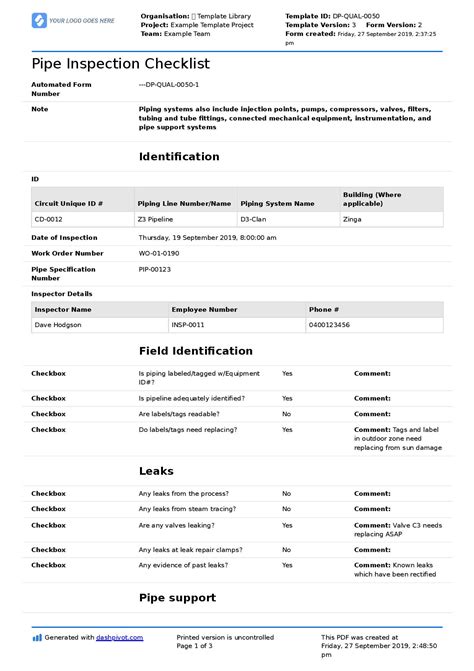 piping inspection checklist